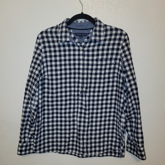 Tommy Hilfiger Tops - Tommy Hilfiger Woman's Collared Blue and White Plaid Blouse Cotton
